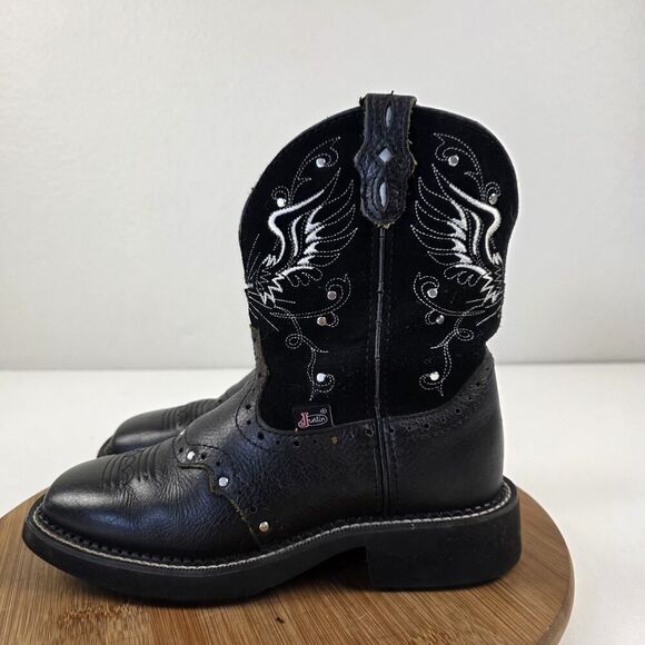 Justin Gypsy Boots Womens Black Leather Cross Angel Wings Cowboy Rodeo Sz 6 B - Picture 1 of 13